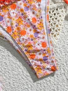 SHEIN Swim 2pcs/Set Hot Selling Summer Fashion Beach Halter Backless Tie Top And Side Tie Swim Shorts Bikini Swimsuit Set - Orange - View 4