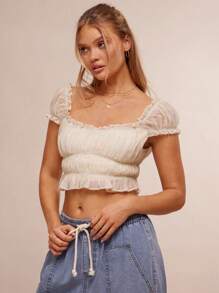 WESTFADE Blusa ajustada estilo western con cuello cuadrado con volantes, mangas avolantadas y textura trenzada para verano y vacaciones en la playa