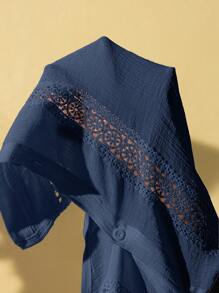 Swim Lushoire Plus Size Women's Long Sleeve Lace Patchwork Blouse Kimono For Summer Beach Vacation - Navy Blue - View 7