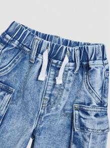 Denimly Toddler Boys Fashion Casual Versatile Comfortable Outdoor Denim Elastic Waist Multi-Pocket Loose Straight Washed Jeans - Medium Wash - View 5
