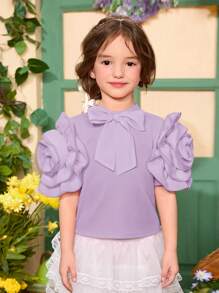 SHEIN Young Girl's Fashion Solid Woven Textured Floral Cut-Out Casual T-Shirt - Mauve Purple - View 3