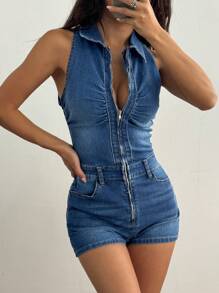 SHEIN ICON 夏季休闲前拉链无袖修身高街牛仔连体裤 - 深色水洗藍 - 查看 5