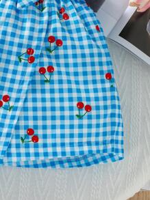 女童蓝白樱桃格子编织短裤，带荷叶边腰部、蝴蝶结装饰和不对称下摆 - 藍色 - 查看 4