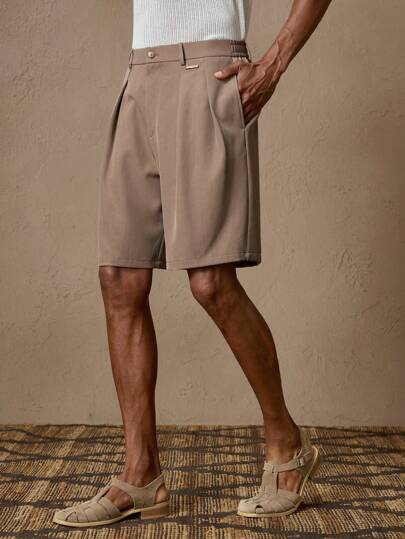 AKNOTIC X Nawaf Alabid Men's Woven Brown Elastic Waist Solid Color Casual Shorts, Suitable For Summer, Vacation, Daily Matching, Party, Couples Wear, Gifts, School