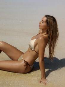 Swim Mod 2025年女士夏季度假休闲沙滩纯色荷叶边仿珍珠装饰露背系带米色比基尼泳装