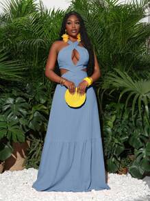 Slaydiva 2025新款春夏休闲度假交叉挂脖镂空前胸镂空露背收腰蛋糕裙A字裙长裙橙色纹理波浪条纹编织女式长裙-A - 藍色 - 查看 6