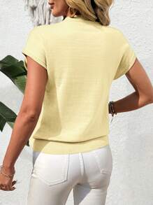 EMERY ROSE Women's Minimalist Button Decor Round Neck Batwing Sleeve Knit Top, Summer - Butter Yellow - View 2