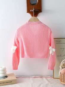Elladie kids Young Girl V-Neck Front Button Bow Detail Long Sleeve Cardigan Baby Pink Autumn - Pink - View 2