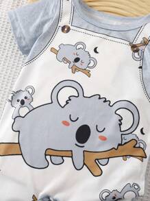 SHEIN Conjunto unisex de bebé con estampado de koala, 2 en 1 con mamelucos, adecuado para bebés recién nacidos para usar en verano en cualquier ocasión, el patrón de koala hace que el bebé se vea talla grande lindo