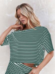 MISSGUIDED Misguided Striped Two-Piece Co-Ord Set Casual Summer Loungewear T-Shirt Shorts Matching Set Ribbed Knit Leisure Outfit Vacation Beach Resort Wear Christmas - Green - View 3