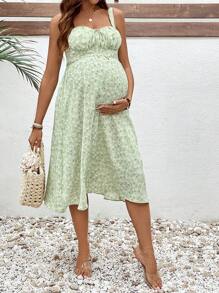 SHEIN Green Floral Print Maternity Midi Dress: Boho Sleeveless Summer Dress With Bow Front Detail - Green - View 6