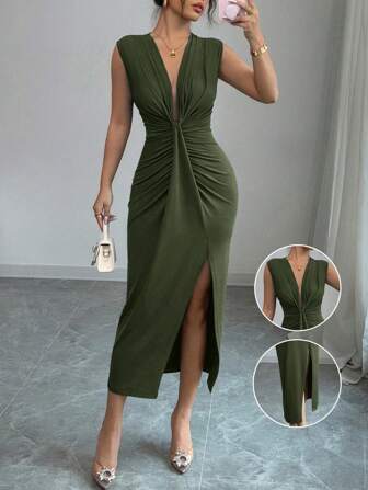 Rafferiza Elegant Sleeveless Blue V-Neck Draped Hem Split Dress For Women, Spring/Summer