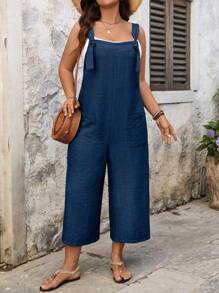 SHEIN LUNE CURVE Plus Size Drawstring Pocket Decor Straight-Leg Jumpsuit - Navy Blue - View 3