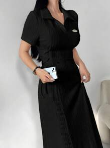 Aidyla 女士字母印花翻领袖侧腰系带中长款休闲连衣裙长款女士装长款晚礼服 - 黑色 - 查看 4