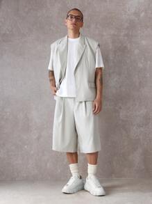 SUMWON Conjunto de dos piezas con aspecto de lino para verano: chaleco y pantalón corto. Conjunto de traje moderno con pantalón corto de pierna ancha, plisado y chaleco corto a la cintura.