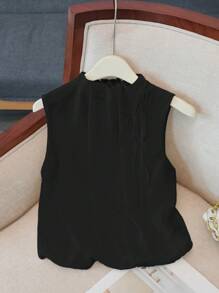 Franclia 优雅无袖弹性下摆宽松 V 领抽绳纹理编织白色女式衬衫，春夏 - 黑色 - 查看 3