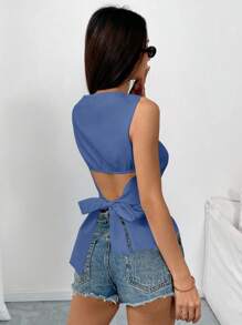 Chiquease 女士纯色修身无袖后系蝴蝶结衬衫，优雅休闲性感简约办公室商务，春夏 - 藍色 - 查看 2