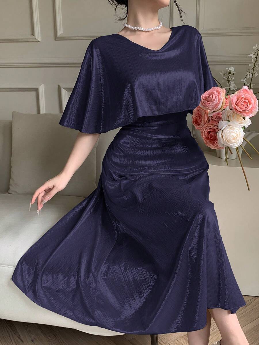 DAZY Elegant Solid Color V-Neck Mid-Length Casual Dress For Wedding Guest, Summer,Formal Women Dresses Prom Dress - Navy Blue - View 1