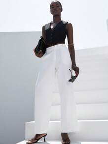 Aveloria Modichic Quần dài ống đứng cạp rộng cho nữ, cạp thấp, đường may giữa, xếp ly giữa - trắng - Xem 2