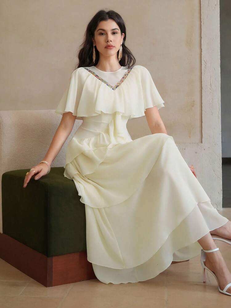 Women's Sequin Colorblock Ruffle Splice See-Through Bead Decorated Cake Dress Chiffon Elegant Party Vacation Graduation Long Dress,Dress For Wedding
