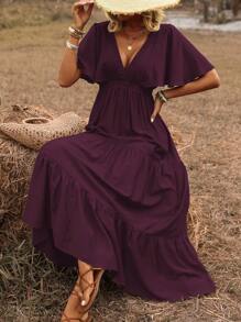 Breezaya فستان طويل بطبقات رخو وأكمام فضفاضة، من لون واحد بطراز بوهيمي لعطلات الشاطئ، رقبة على شكل حرف V وكشكشة، مناسب للربيع/الصيف - لون كستنائي - مشاهدة 6