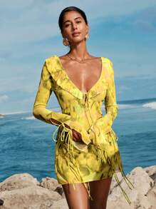 Opulessa 女式夏季度假全身印花荷叶边下摆罩衫连衣裙，乡村音乐会服装 - 黃色 - 查看 4