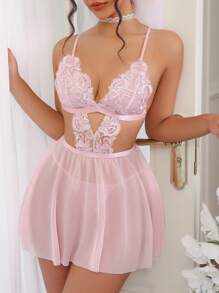 2 件套性感薄纱刺绣睡衣和丁字裤套装（女款）