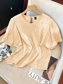 SHEIN LUNE 标准女士圆领奢华珍珠装饰短袖衬衫