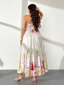 Firerie Vestido Evasê Estampado com Flores e Babado na Barra para Mulheres Plus Size - Multicolorido - Visão 2