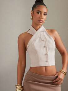 Hauture Top corto de verano de moda, sexy, con cuello halter, sin espalda y sin mangas