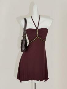 SHEIN ICON 修身挂脖不对称下摆链条装饰连衣裙 - 棕色 - 查看 7