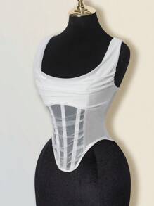 SHEIN ICON Mesh Scooped Neck Sheer Fishbone Bust Tank Top - White - View 2