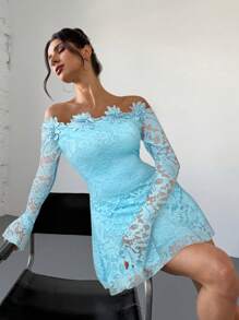 Firerie 情人节优雅浪漫约会露肩蕾丝边收腰 A 字形白色连衣裙 - 綠色 - 查看 4