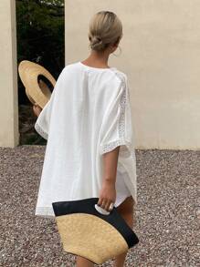 DAZY Women's Solid Color Lace Panel V-Neck Long Cover Up Dress - White - View 2