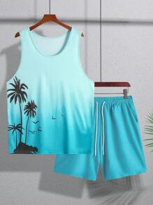 Genlund Men's Vacation Casual Coconut Tree Print Sleeveless Top And Shorts Set, Beach Outfits, Cozy Outfits - Multicolor - View 3