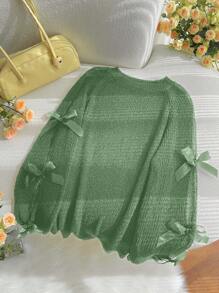 SHEIN Privé 加大码绿色文艺复兴博览会蝴蝶结透明针织套头衫，毕业典礼 - 綠色 - 查看 9