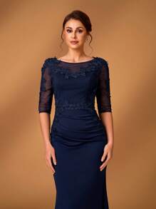 Serin Summer Elegant Romantic Dark Blue Stretch Knit Round Neck Luxury Applique Design Three-Quarter Sleeves Pleated Micro Fishtail Hem Plus A Small Train Suitable For Dinner Bachelorette Party Date Holiday Dance Music Festival Wedding Event Bride Mother Dress - Navy Blue - View 4