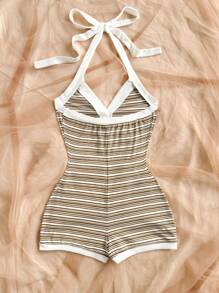 Soleia Retro Red & White Striped Color Block Heart Metal Buckle Decor Halter Romper