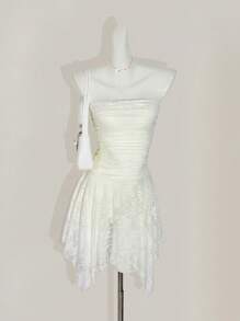 SHEIN ICON 蕾丝褶饰不对称下摆抹胸式迷你连衣裙