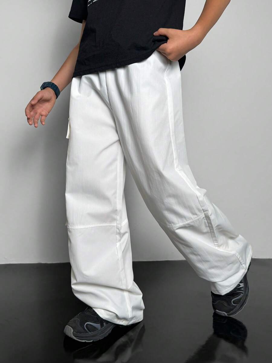 Tween Boy Wide Pocket Design Loose Utility Style Casual Cargo Pants, Suitable For Commuting, School, Daily, Travel, Suitable For Sports, Spring, Summer, Autumn, Winter