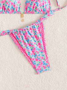 SHEIN Swim Women's Fashion Sexy Multicolor Random Print Triangle Top & Tie-Side Bottom Bikini Set, Tropical Holiday Style For Summer Beach Vacation - Multicolor - View 4