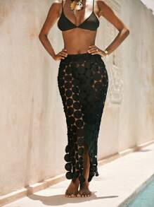 Swim Chiccia Women's New Elegant Sexy Hollow Crochet Lace Knit Cover-Up & Skirt For Beach Vacation, Summer - Black - View 5