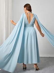 SHEIN Clasi Plus Size Elegant Deep V-Neck Solid Color Dress, Fashionable For Summer - Blue - View 2