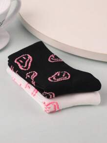Alice 2 Pairs Women's Crew Socks With Smiling Face Pattern, White And Black - Black and White - View 3