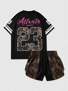 ROMWE MEN Street Life Summer Men 2pcs Set Street American Basketball Jersey Style Leopard Patchwork English Letter Graphic Print V-Neck Tee + Boxer Shorts
