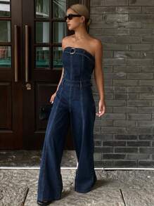 Livesso 女式夏季休闲牛仔连体裤 - 藍色 - 查看 3