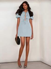 COSMINA Women's Light Blue Woven Fabric Short Sleeve Mini Dress With Collar Neckline And Lace-Up Detail - Blue - View 7