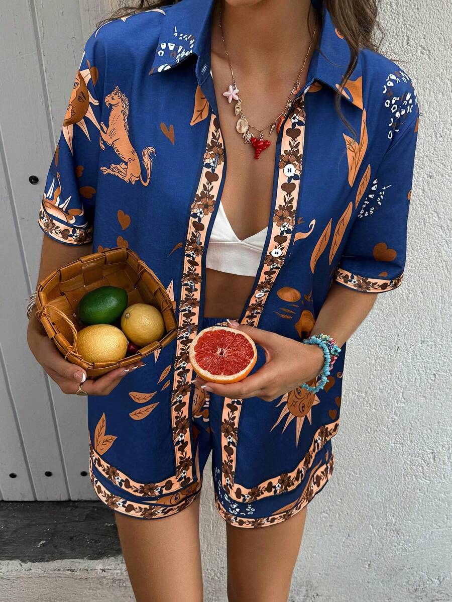 Breezaya 2 件套女士彩色印花前纽扣衬衫和短裤套装 - 彩色 - 查看 1