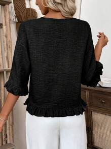 SHEIN Clasi Áo cánh vải lanh thường ngày cho nữ, tay ngắn, trễ vai, dáng rộng, vải dệt màu xanh, viền bèo ở cổ tay và gấu áo, hoàn hảo cho kỳ nghỉ - màu đen - Xem 2