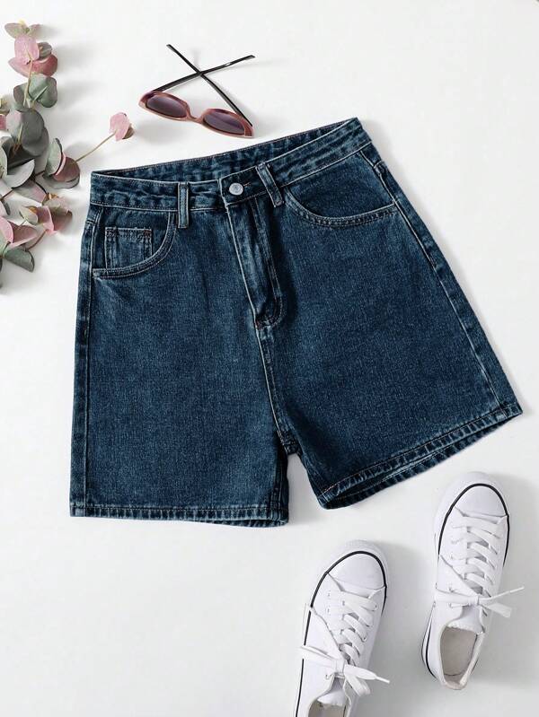 SHEIN Tall Pantalones cortos vaqueros de talle medio casuales y desgastados para mujeres estilo Y2K